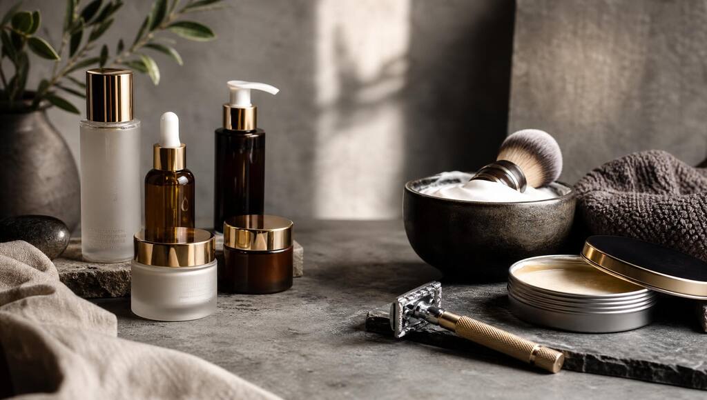 Stillleben mit koreanischer Kosmetik und Herrenpflege-Produkten von JP's Beauty & Styling